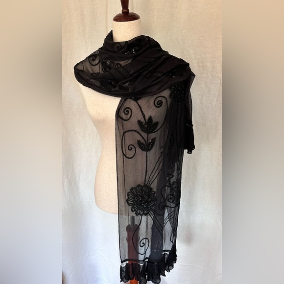Beaded and Embroidered Black Lace Scarf/Shawl - Picture 3 of 16